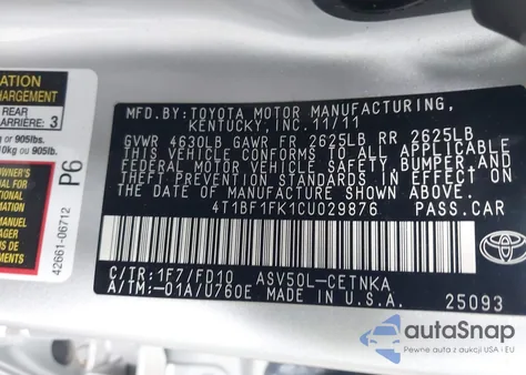 2012 Toyota Camry Le z USA, uszkodzony, nr VIN 4T1BF1FK1CU029876